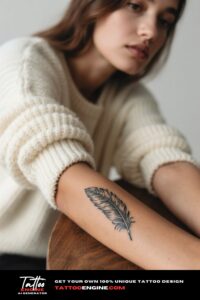 Close-up of a woman's forearm with a fine-line feather tattoo.