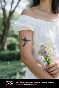 Woman's forearm with a hummingbird tattoo.