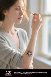Woman's forearm with a delicate sun tattoo.