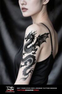 Cinematic shot of a woman's shoulder with a black and grey dragon tattoo on her arm.