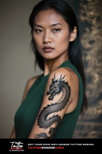 A woman's shoulder with a black and grey dragon tattoo.