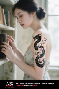 A dragon and cherry blossom tattoo on a woman's arm, with natural lighting and a vintage library background.