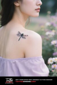 Close-up of a woman's shoulder with a dragonfly tattoo and a lavender blouse
