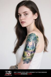 Cinematic view of a woman's arm with a dreamlike forest tattoo, wearing a beige linen top.