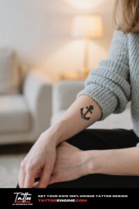 Close-up of a woman's wrist with an anchor tattoo.