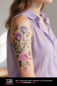 Close-up of a woman's arm with a floral half sleeve tattoo, wearing a lavender blouse.