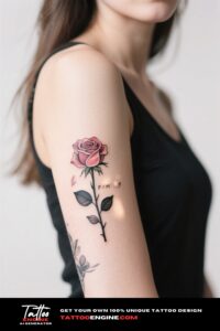 A close-up of a woman's forearm with a fine-line rose tattoo.