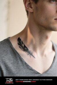 Close-up of a fine-line feather tattoo on a man's collarbone with a grey V-neck t-shirt.