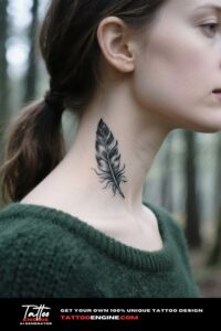 Extreme close-up of a man's neck with a feather tattoo, wearing a grey hoodie.