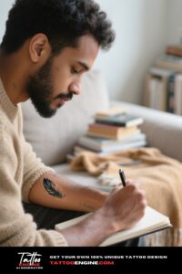 Extreme close-up of a man's inner forearm with a feather tattoo, writing in a journal in a beige sweater.