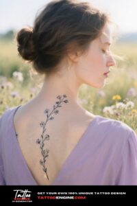 A close-up of the back of a woman's neck with a vine and flower tattoo, set against a blurred field of wildflowers.