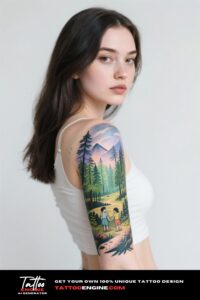 Cinematic view of a woman's arm with a forest landscape tattoo, wearing a grey sweater.