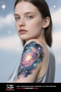 Cinematic close-up of a woman's arm with a galaxy tattoo