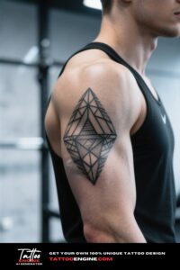 Medium close-up of a man's bicep with a geometric tattoo and a sleeveless black tank top.