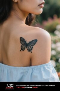 A close-up of a geometric butterfly tattoo on a woman's shoulder blade