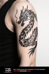 Medium shot of a man's arm with a geometric dragon tattoo in a dark green t-shirt.