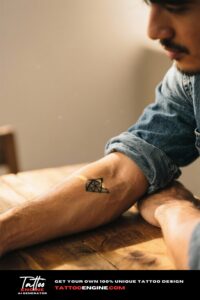 A close-up of a man's forearm with a geometric tattoo, wearing a denim shirt.