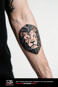 Close-up of a man's forearm with a geometric lion tattoo in an olive green polo shirt.