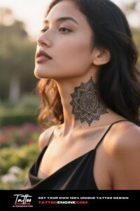A woman's neck with a geometric mandala tattoo, in a cinematic shot with warm sunset lighting.