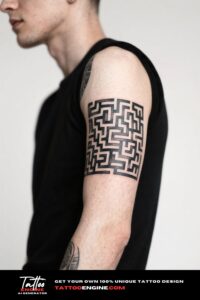 Close-up of a man's forearm with a geometric maze tattoo in a black dress shirt.