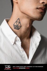Close-up of a man's neck with a geometric tattoo, wearing a white shirt.
