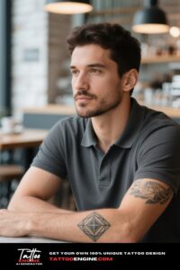 A geometric pattern tattoo on a man's forearm in a cafe, wearing a grey polo shirt.