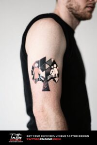 Close-up of a man's forearm with a geometric tree tattoo in a white t-shirt.