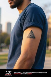 Close-up of a man's upper arm with a geometric triangle tattoo, wearing a navy blue t-shirt.