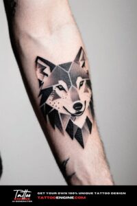 Close-up of a man's forearm with a geometric wolf tattoo in a dark grey hoodie.