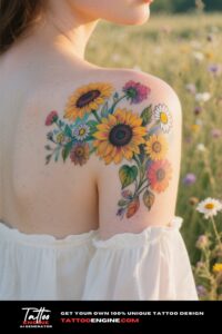 Close-up of a woman's shoulder with a colorful sunflower and daisy half sleeve tattoo in golden hour.