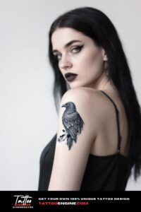 Extreme close-up of a woman's arm with a raven tattoo, wearing a black leather vest.