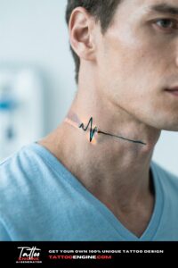 Close-up of a man's neck with a heartbeat tattoo, wearing a blue t-shirt.