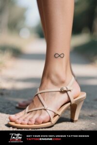 Close-up of a woman's foot with an infinity tattoo and strappy sandals