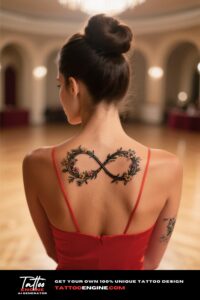 A woman's neck with an infinity symbol tattoo, captured in soft lighting with a ballroom background.