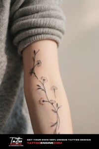 Extreme close-up of a woman's inner forearm with intertwined vines tattoo.