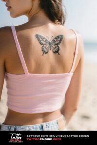 A close-up of an intricate butterfly tattoo on a woman's lower back, wearing jeans and a tank top