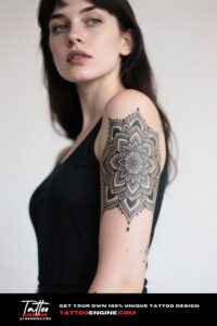 Close-up of a woman's upper arm with a mandala tattoo, wearing a silk black top.