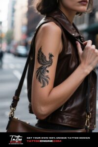 Close-up of a woman's forearm with a phoenix tattoo.