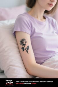 Close-up of a woman's forearm with a rose tattoo.