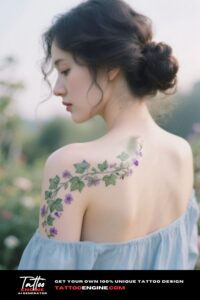 A woman's shoulder with an ivy and flower tattoo, wearing a blue blouse.