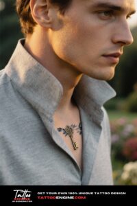 Close-up of a key tattoo under a man's collar