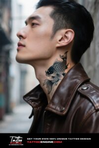 Side profile of a man's neck with a koi fish tattoo, wearing a brown leather jacket.