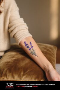 Close-up of a woman's forearm with a lavender sprig tattoo