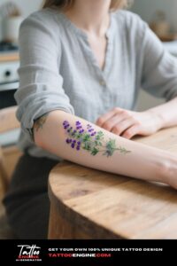 A woman's forearm with a lavender and thyme tattoo, wearing a grey blouse.