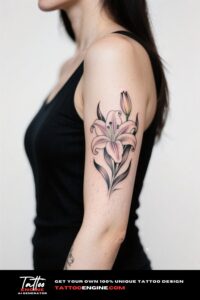 A delicate lily flower tattoo on a woman's forearm.