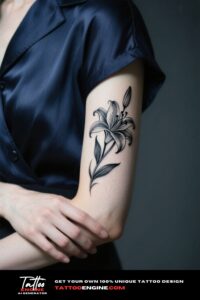 A black and grey lily tattoo in side profile on a woman's forearm, with dramatic lighting.