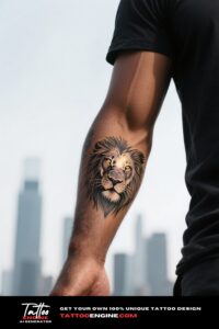 Close-up of a fine-line lion face tattoo on a man's inner forearm with a black t-shirt.