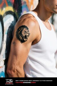 Close-up of a man's upper arm with a lion head tattoo, against a graffiti wall.