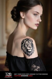 A detailed lioness tattoo on a woman's shoulder and arm, with soft, elegant lighting.