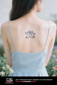 Close-up of a woman's upper back with a lotus tattoo and a pastel blue sundress